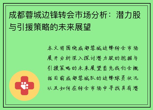 成都蓉城边锋转会市场分析:潜力股与引援策略的未来展望 成都蓉城边锋转会市场分析:潜力股与引援策略的未来展望