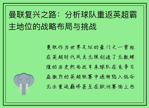 曼联复兴之路：分析球队重返英超霸主地位的战略布局与挑战