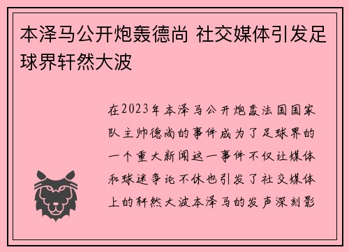 本泽马公开炮轰德尚 社交媒体引发足球界轩然大波