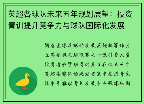 英超各球队未来五年规划展望:投资青训提升竞争力与球队国际化发展 英超各球队未来五年规划展望:投资青训提升竞争力与球队国际化发展