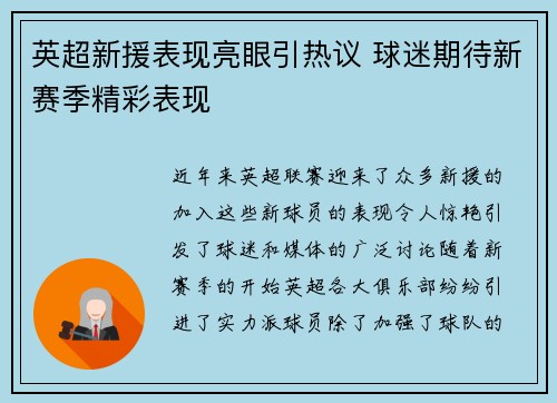 英超新援表现亮眼引热议 球迷期待新赛季精彩表现