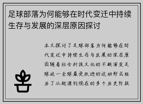 足球部落为何能够在时代变迁中持续生存与发展的深层原因探讨